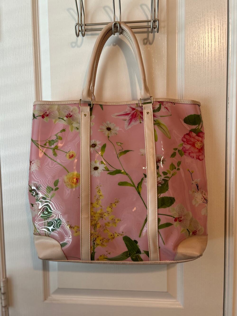 Pink Floral Plastic Tote with Faux Leather Accents Large